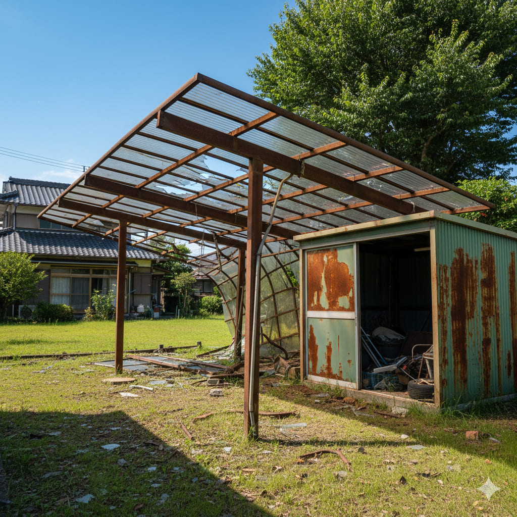 強風で屋根が破損した古いカーポートと錆びた物置
