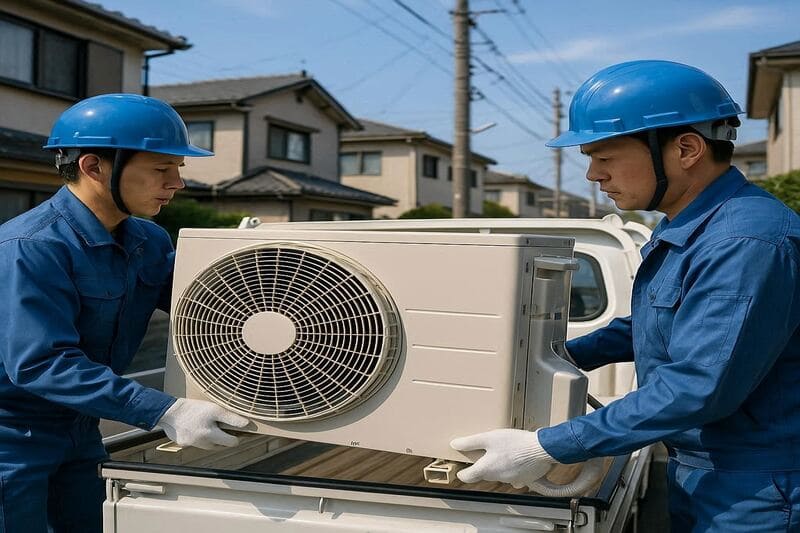 法令遵守でエアコンを運ぶ地元ヘルプのスタッフ